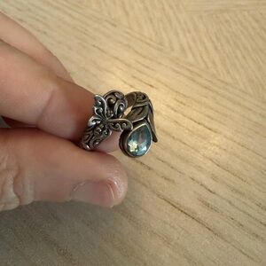 Vintage Aquamarine Silver Plated Adjustable Butterfly Ring